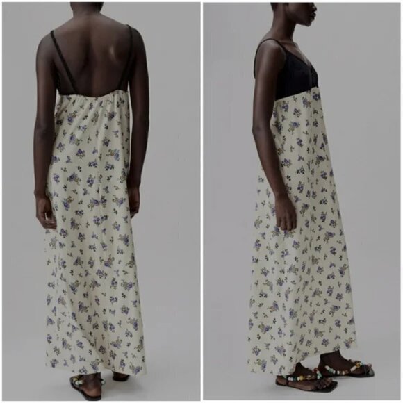 New Zara Floral Satin Printed Crochet Cream Maxi Tank Dress Cottagecore Small - Picture 5 of 14